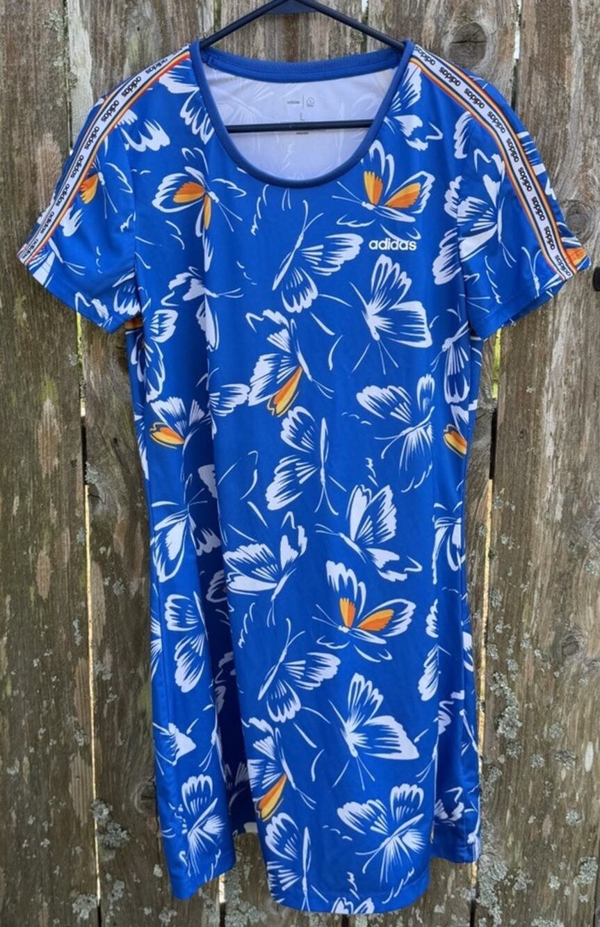 Adidas x FARM Rio Butterfly Print Mini Dress Blue White Size L Short Sleeves